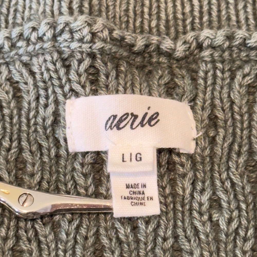 Aerie Sage Green Cable Knit V-Neck Sweater Women's Large Cotton Oversized Earthy - Picture 2 of 10